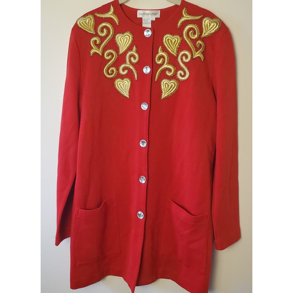 Outlander Sz L Red Open Jacket Gold Applique Hearts Rhinestone Buttons Pockets